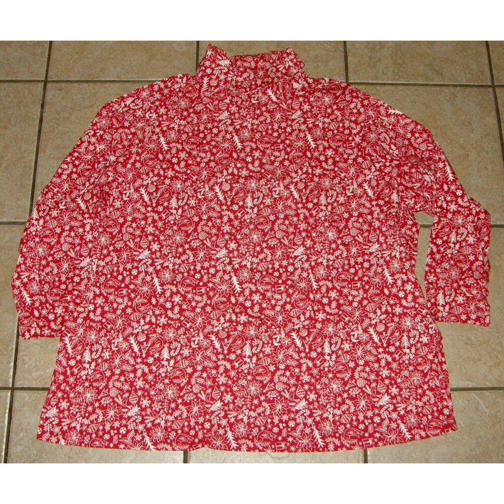 WOMAN WITHIN Red Christmas Print Plus Sz 30/32 Soft Cotton Turtleneck Shirt NEW